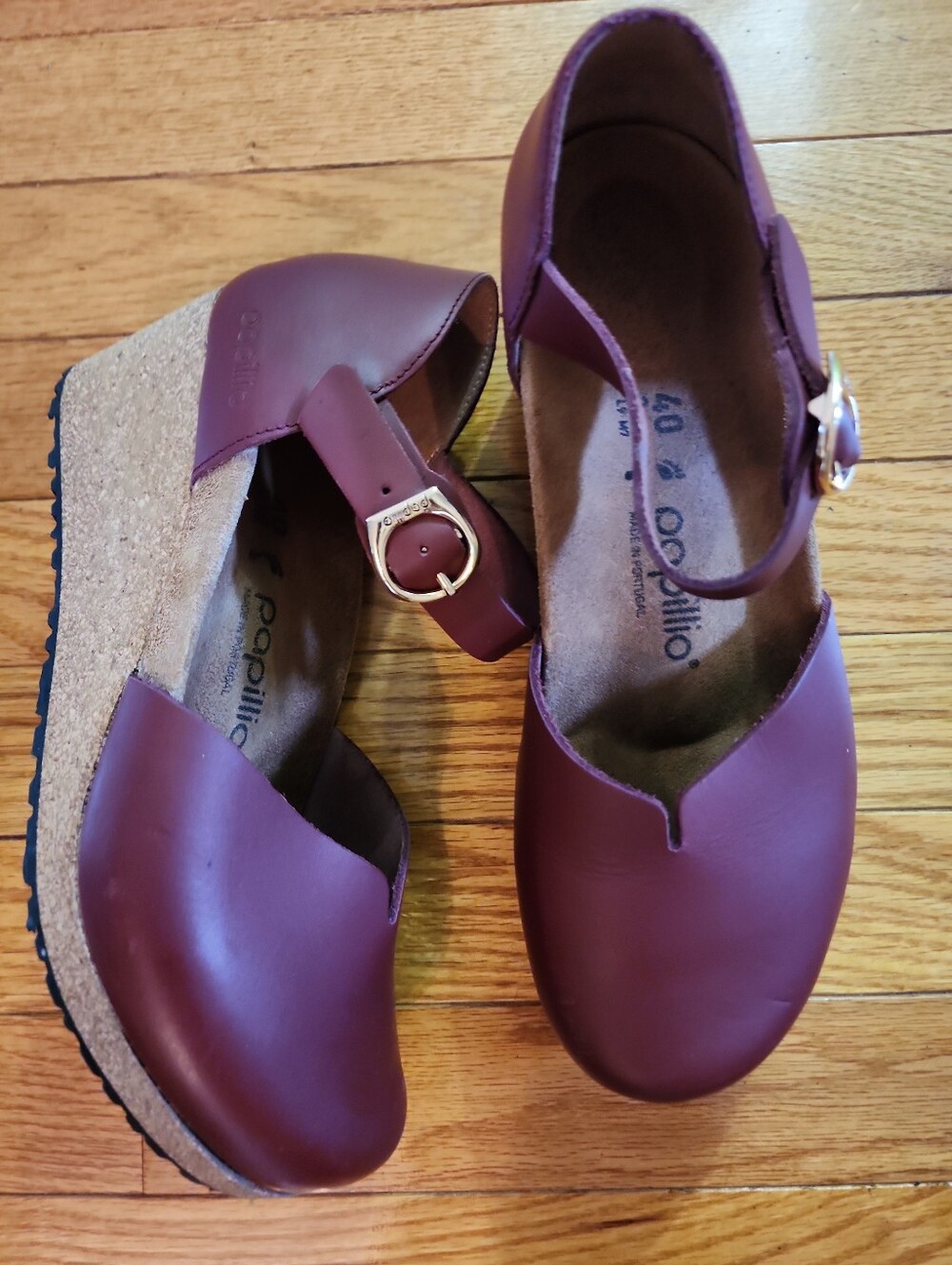 Papillio Burgundy Leather Mary Jane Wedge Shoes with Ankle Strap - Picture 3 of 12
